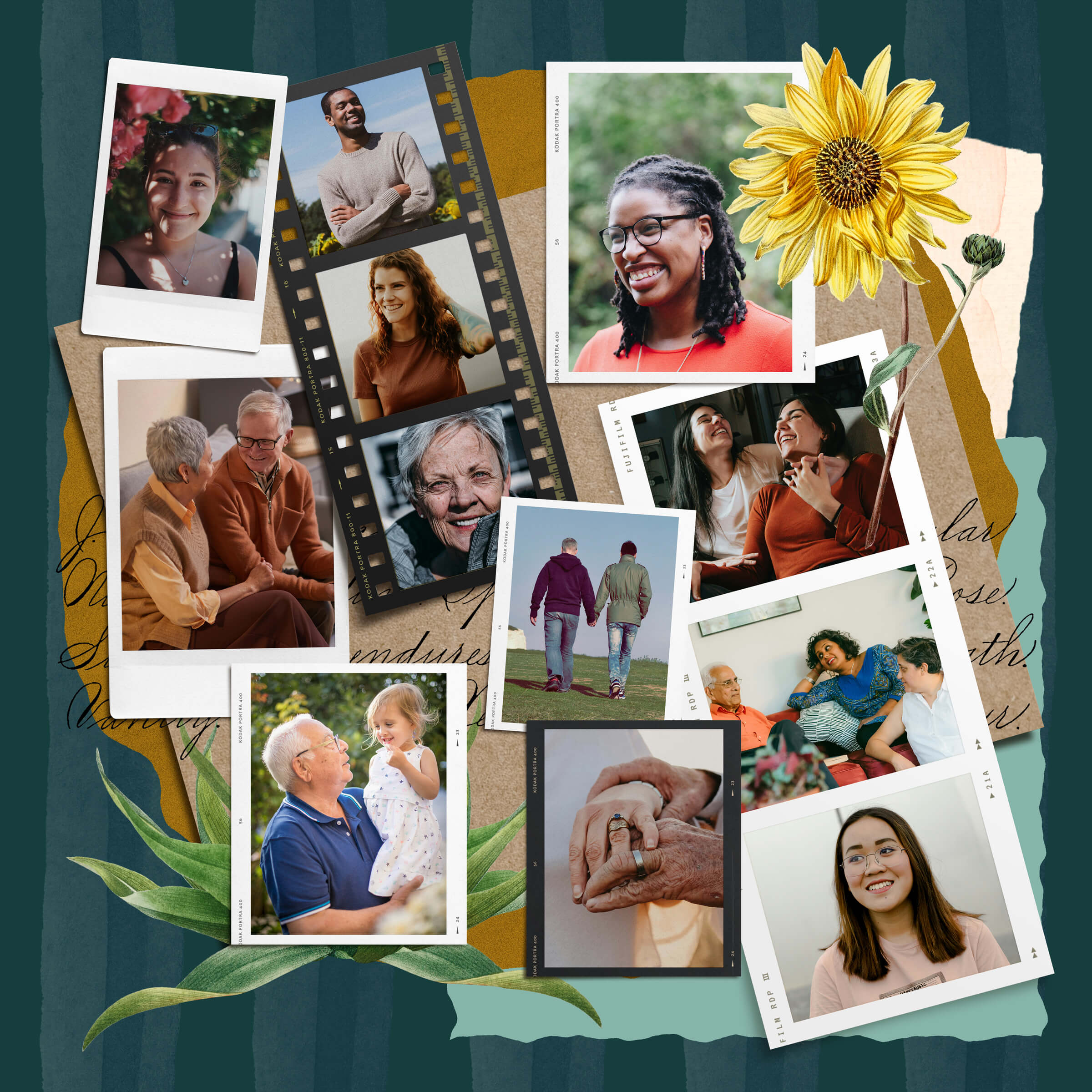 Bright collage showing people of different ages and backgrounds in conversation, walking outdoors, and sharing laughter. Surrounded by handwritten textures and a sunflower, highlighting inclusive counselling and supervision services in St. Catharines.