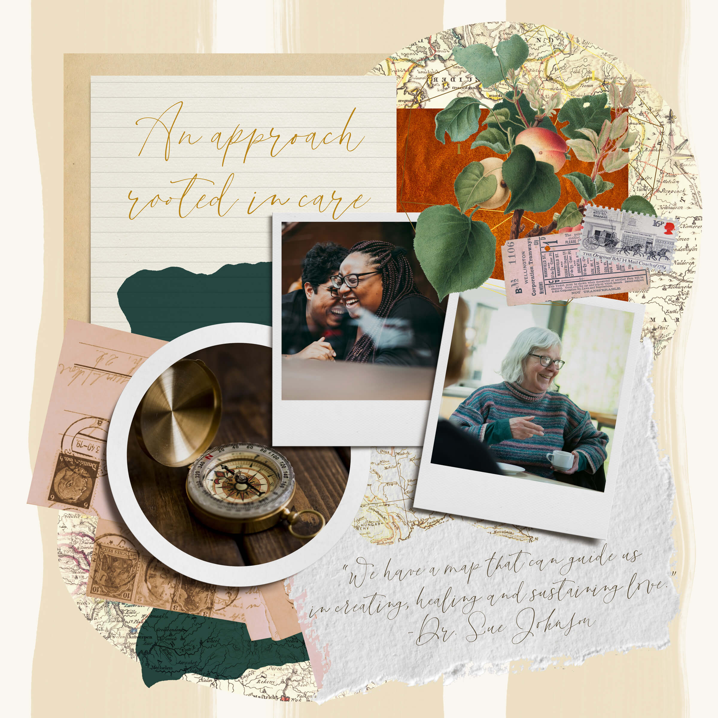 Warm collage featuring two people laughing together, an older woman enjoying coffee, a vintage compass and maps. Symbolizes care, trust, and experience at Wendy Bulthuis Counselling.
