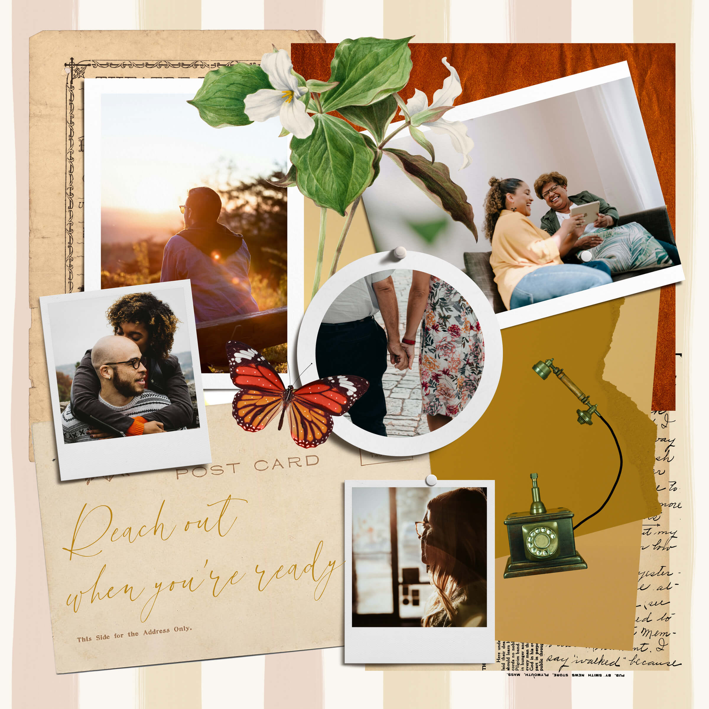 Vintage postcard-inspired collage with photos of people holding hands, sitting in nature, and connecting in conversation. Overlaid with text “Reach out when you’re ready,” reflecting openness and support at Wendy Bulthuis Counselling.