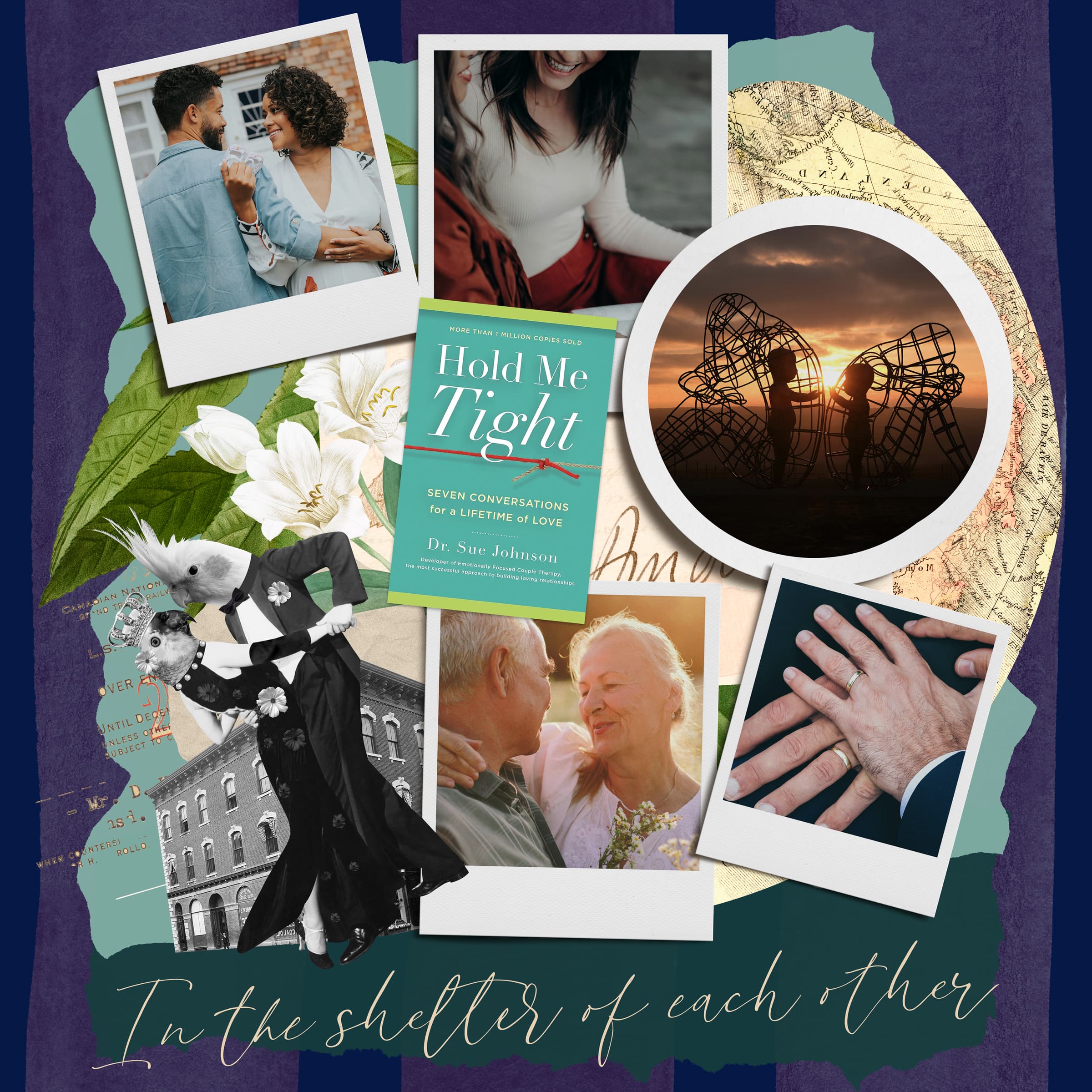 Collage of small group conversations, older and younger adults connecting, and handwritten materials, overlaid with the phrase “In the shelter of each other.” Represents growth, collaboration, and learning in Wendy Bulthuis’s workshops.
